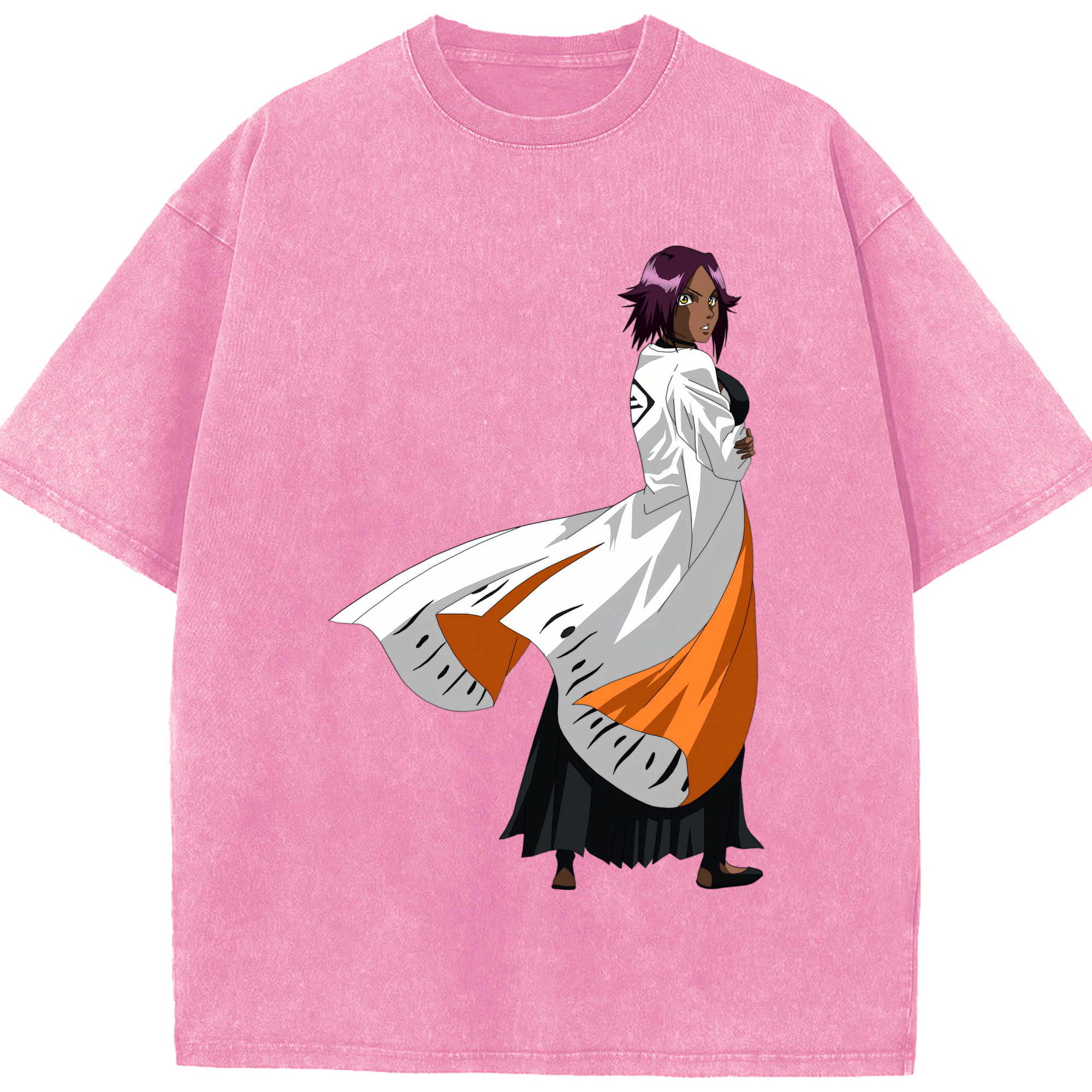（画像用） ブリーチ 四楓院 夜一（しほういん よるいち） BLEACH Shihouin Yoruichi 綿100% ヴィンテージ風 半袖Tシャツ（フロントプリント）
